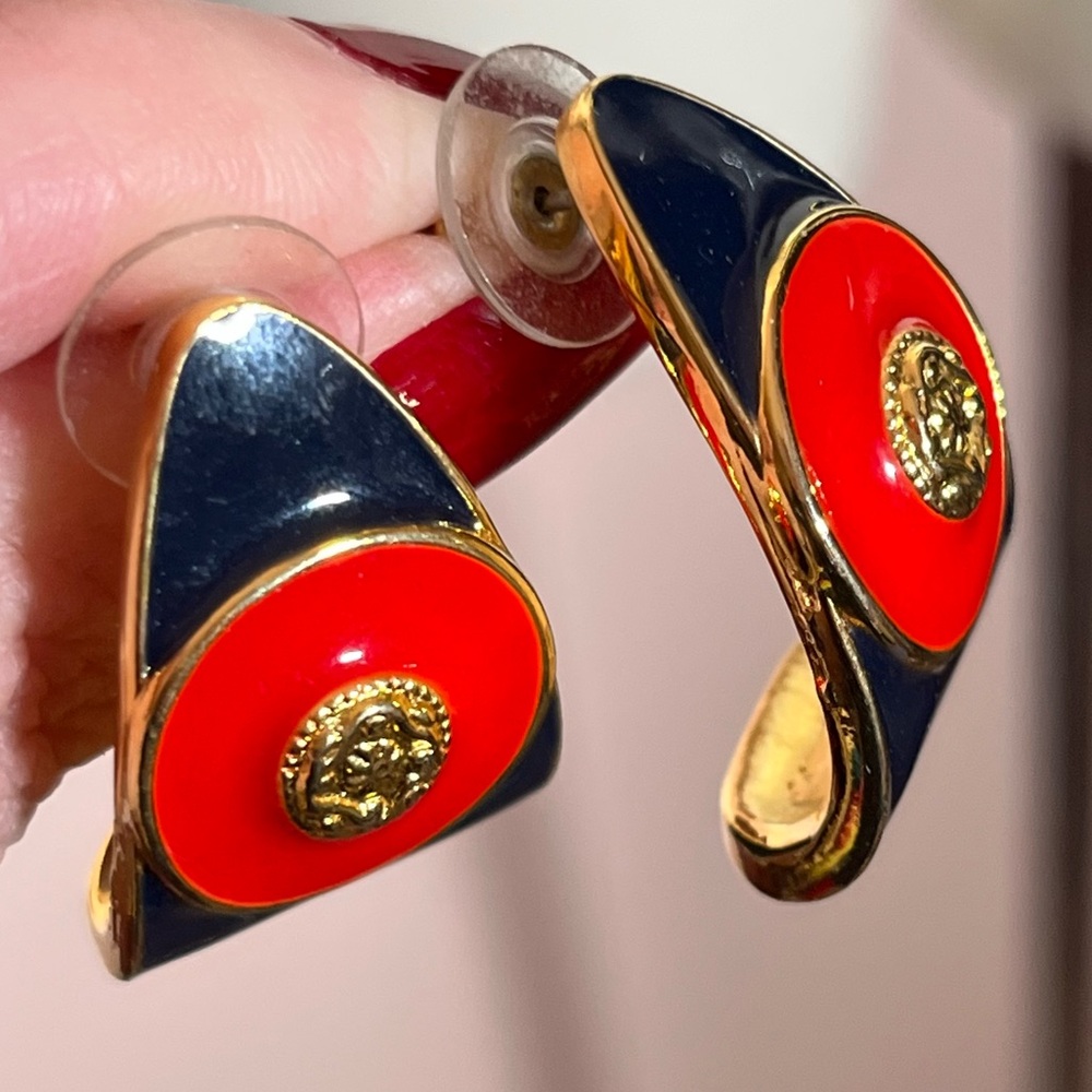 Vintage 1980 90 retro Heavy Gold Red Blue Byzantine oversized Half hoop Earrings - Picture 13 of 13